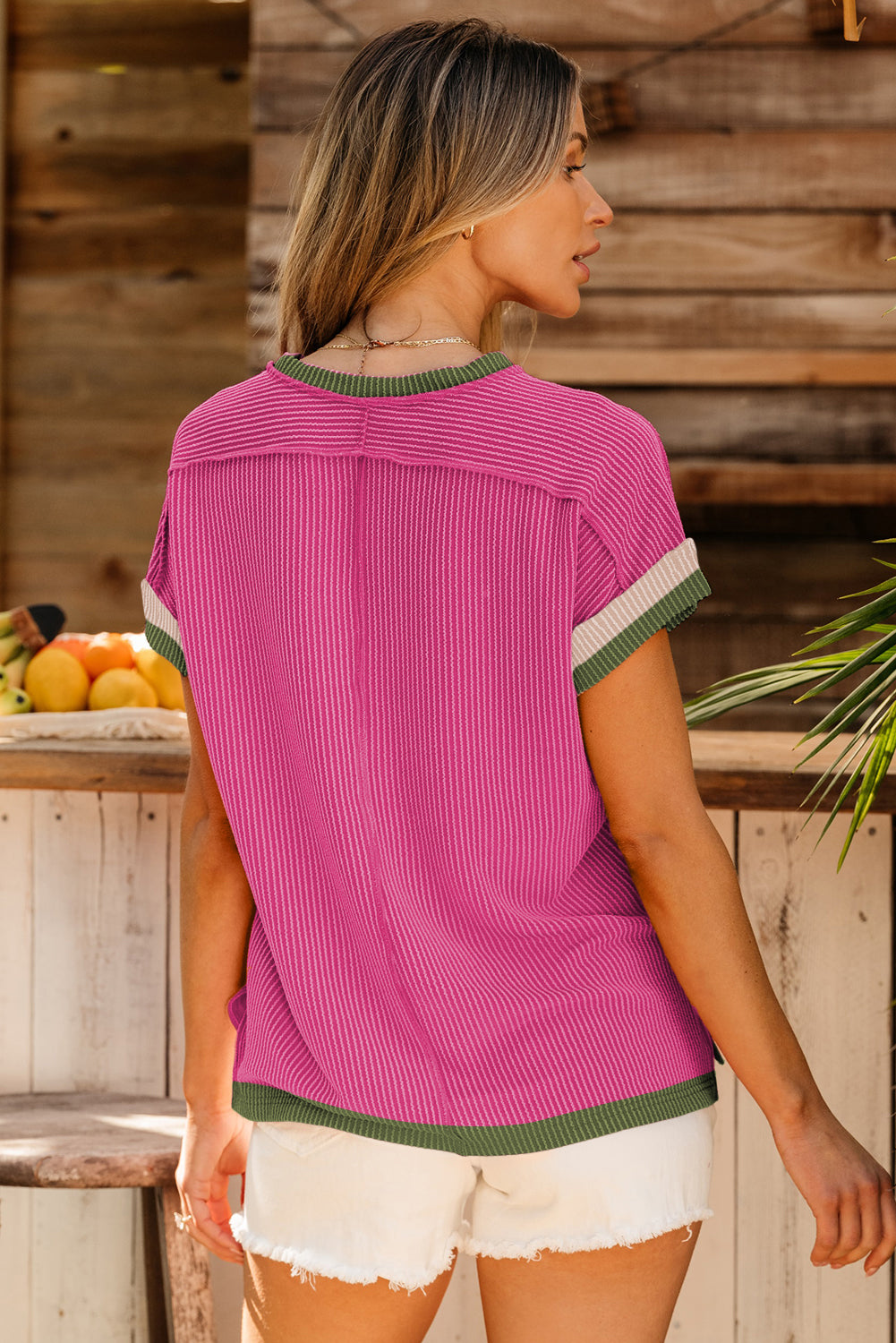 Sky Blue Textured Contrast Trim Round Neck T Shirt