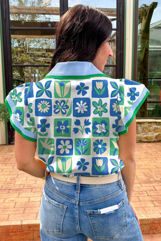 Green Floral Plaid Colorblock Trim Collar Flutter Sleeve Blouse