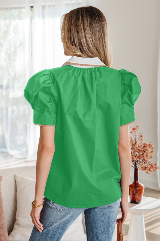 Bright Green Ricrac Trim Color Block Patchwork Shirt Collar Short Sleeve Blouse