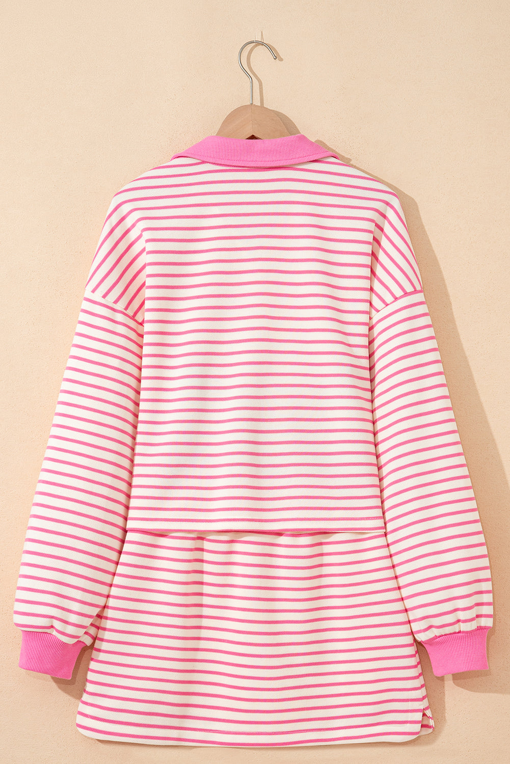 Green Stripe Collared V Neck Drop Shoulder Pullover and Skort 2pcs Outfit