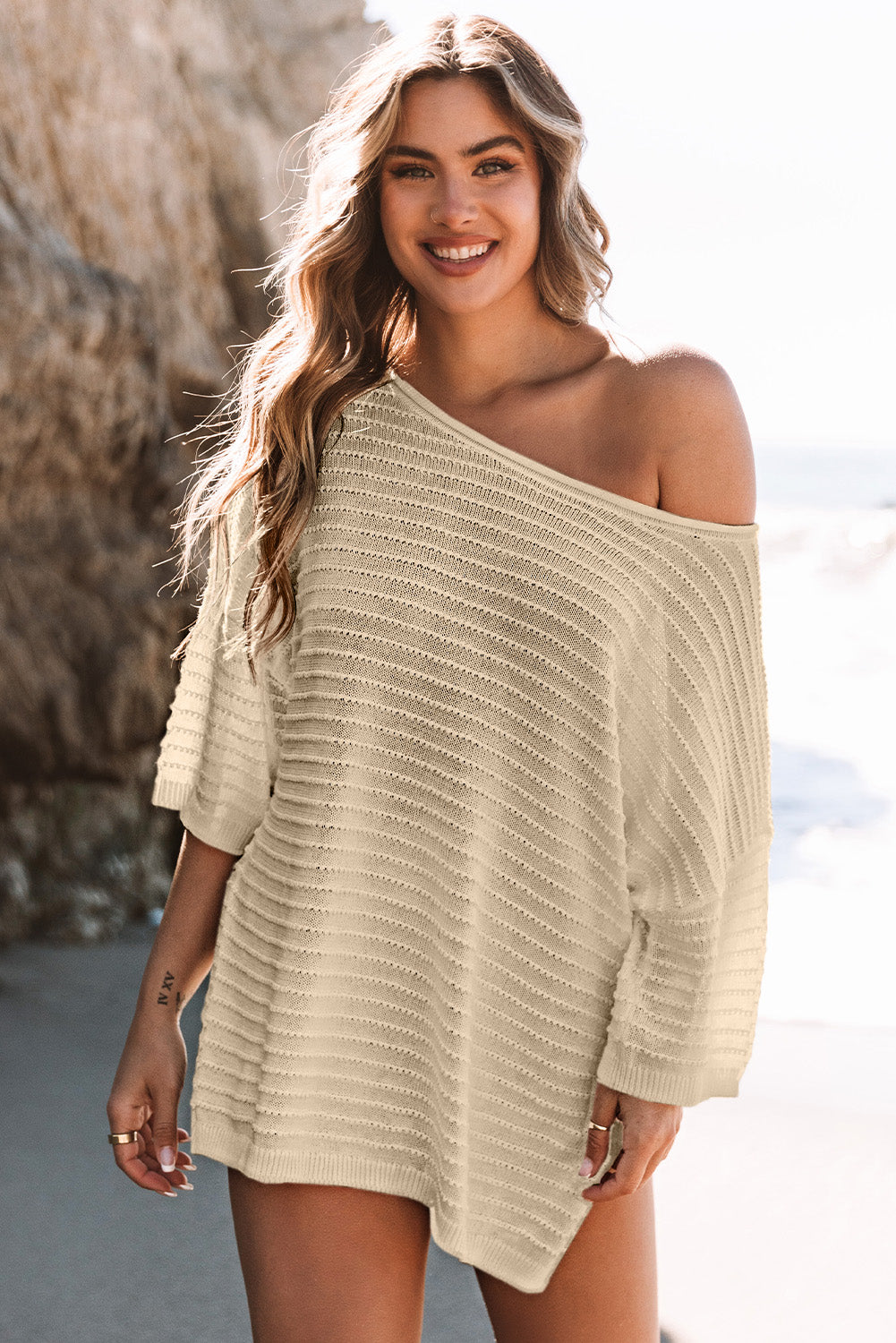 Green Textured Knit Drop Shoulder Short Sleeve Sweater