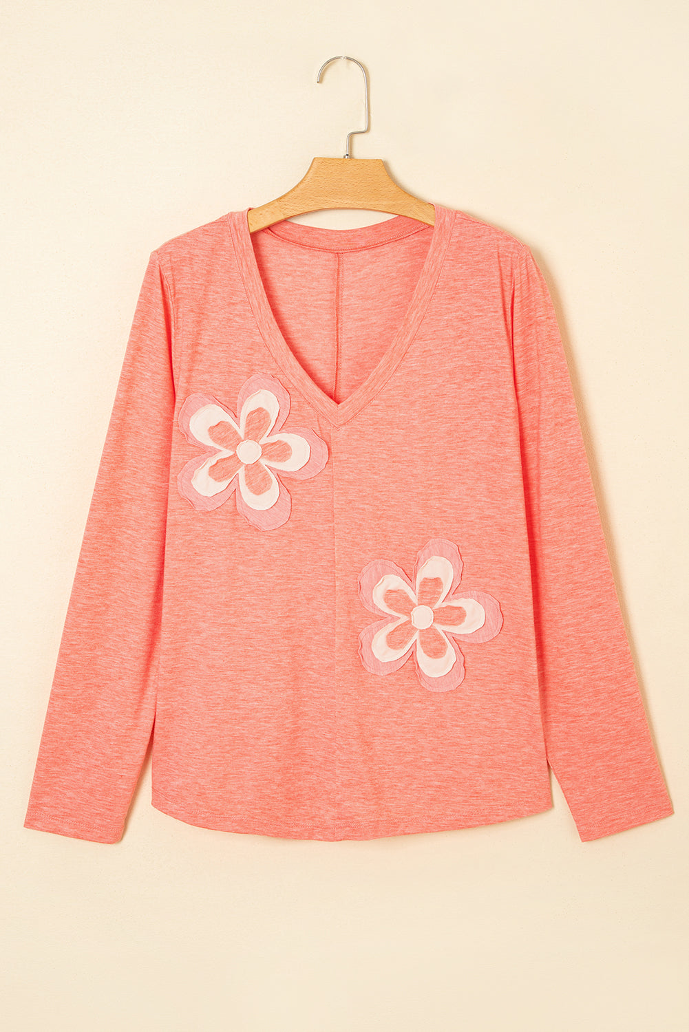 Fresh Salmon Floral Patchwork V Neck Long Sleeve T Shirt