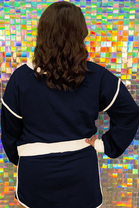 Navy Blue Plus Color Block Drop Shoulder Top and Lace-up Skirt Outfit