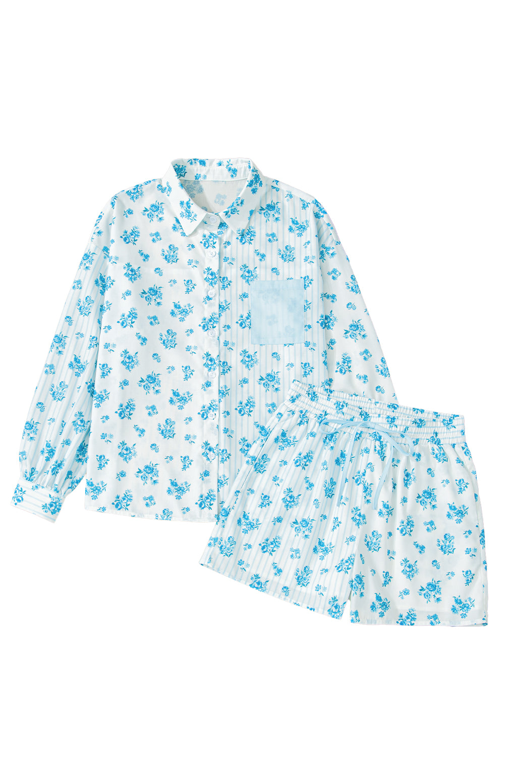Sky Blue Floral Striped Print Contrast Patched Pocket Shirt and Shorts Set