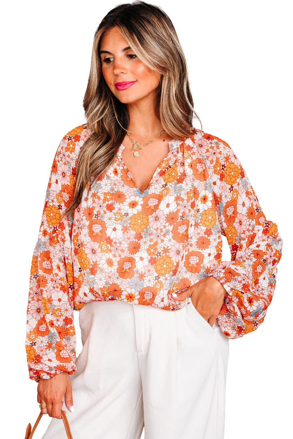 Orange Floral Print V Neck Long Puff Sleeve Top