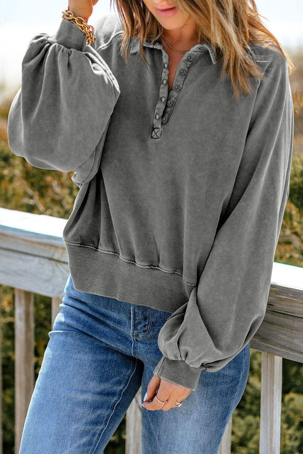 Blue Washed Snap Buttons Lantern Sleeve Pullover Sweatshirt