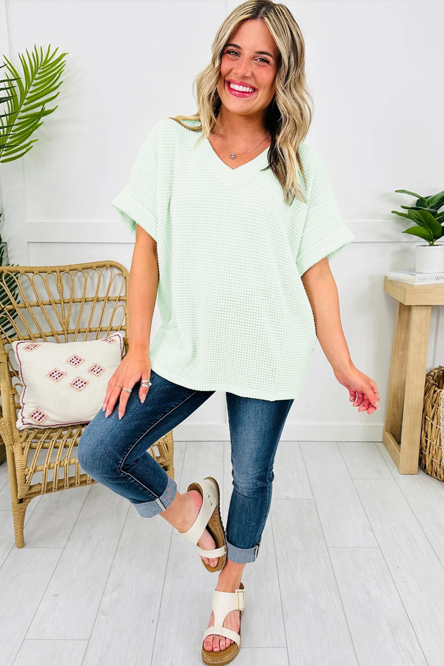 Wisteria Waffle V Neck Short Sleeve Knit Top