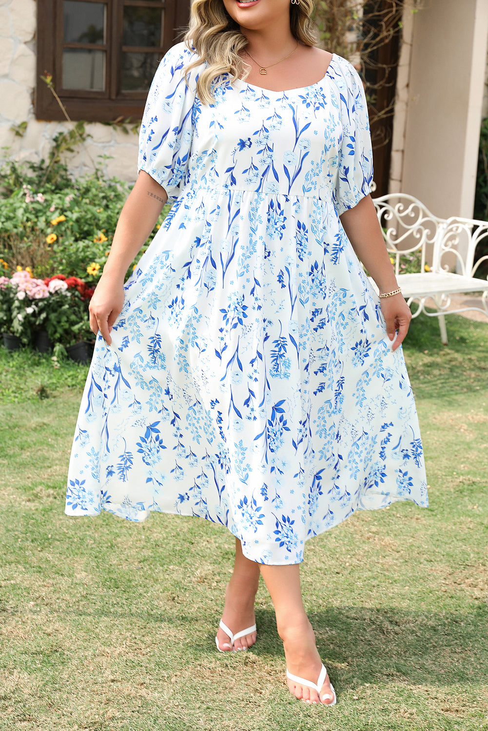 Sky Blue Floral Print Sweetheart Neck Plus Size Midi Dress