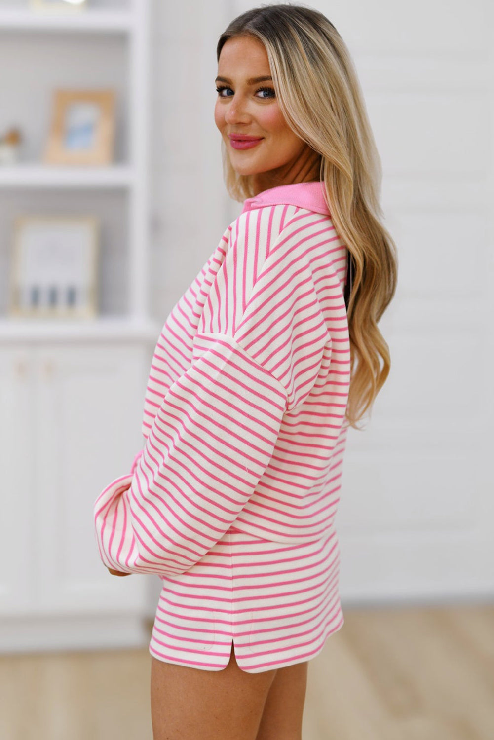 Green Stripe Collared V Neck Drop Shoulder Pullover and Skort 2pcs Outfit