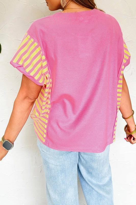 Bright Pink Waffle Textured Contrast Striped Patchwork Loose T Shirt