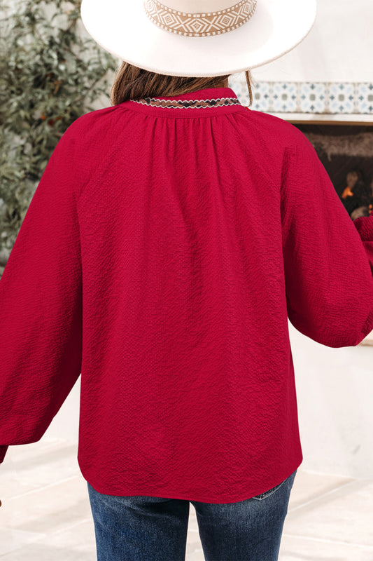 Racing Red Leopard Jacquard Print V Neck Textured Blouse