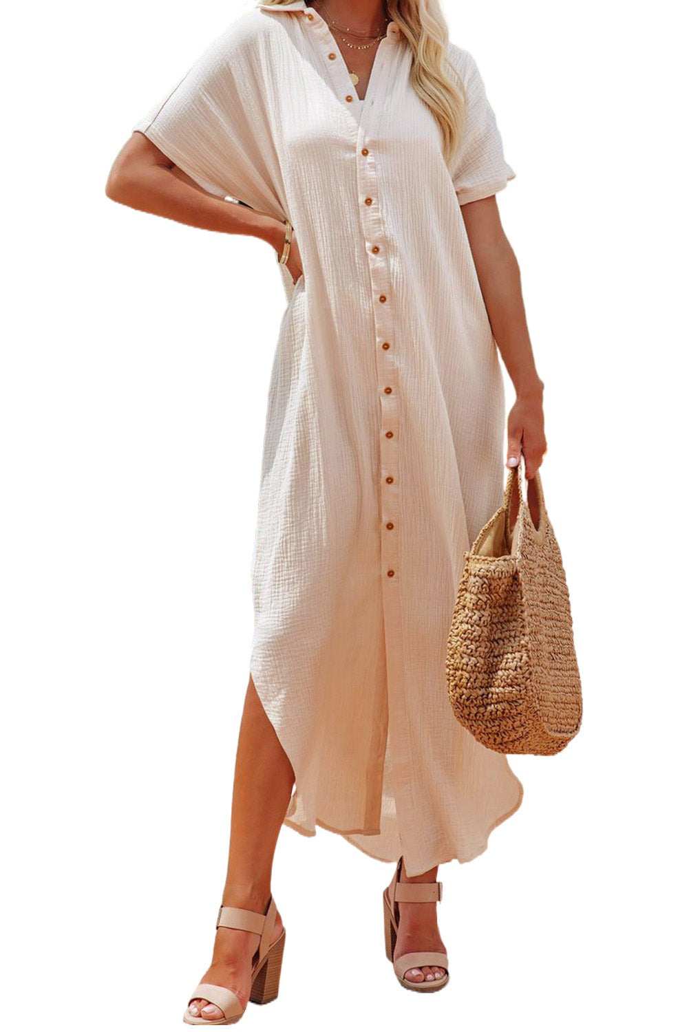 Apricot Crinkled Buttons Maxi Beach Dress with Slits