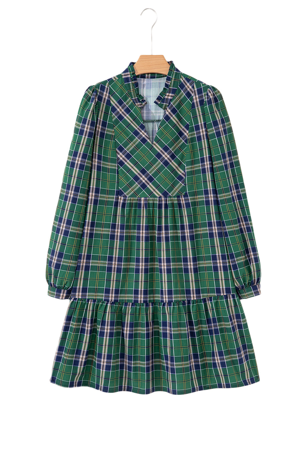 Green Plaid Print Frilly Collar Long Sleeve Shift Mini Dress
