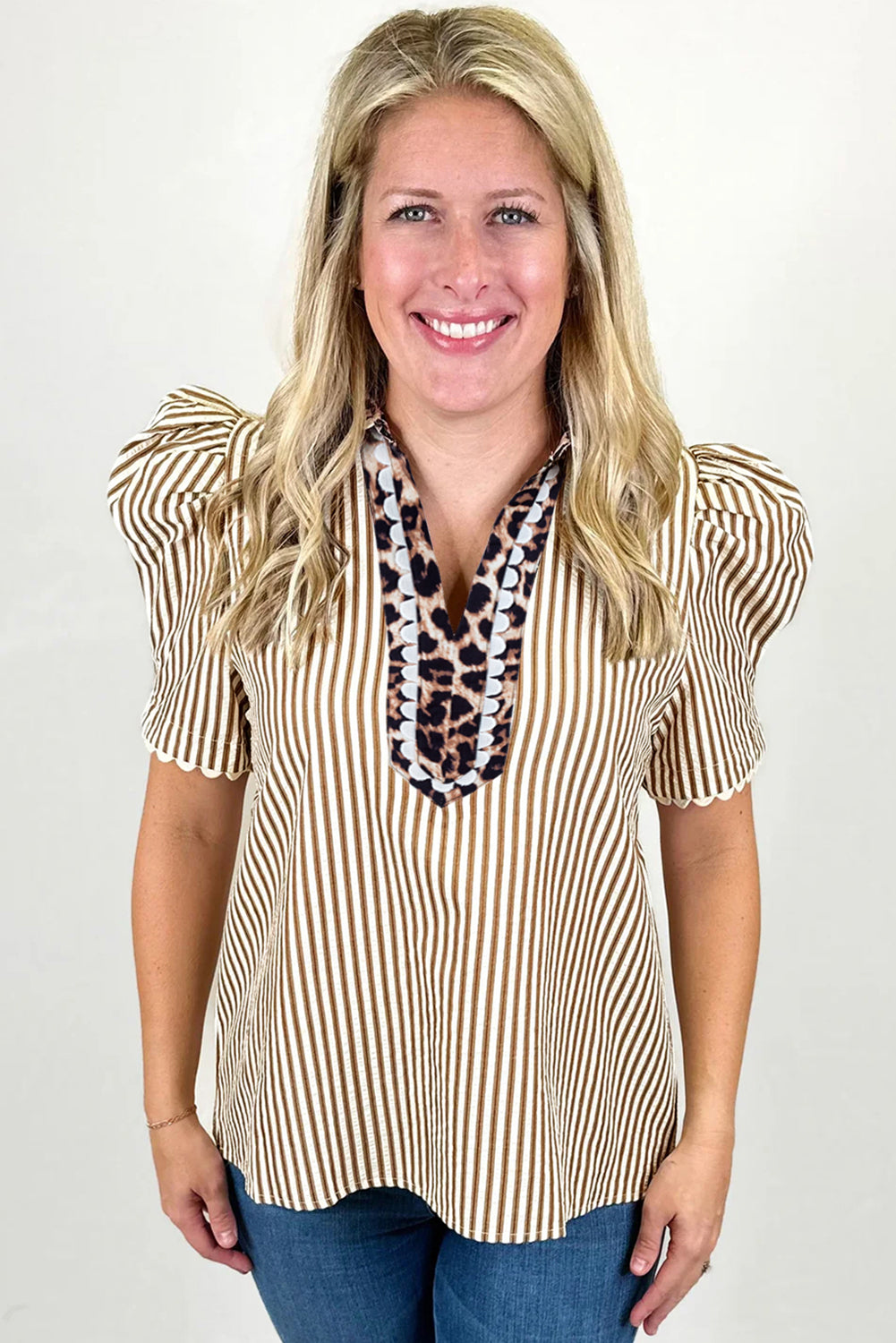 Sky Blue Stripe Ricrac Trim Short Puff Sleeve Leopard Patchwork Collar V Neck Blouse