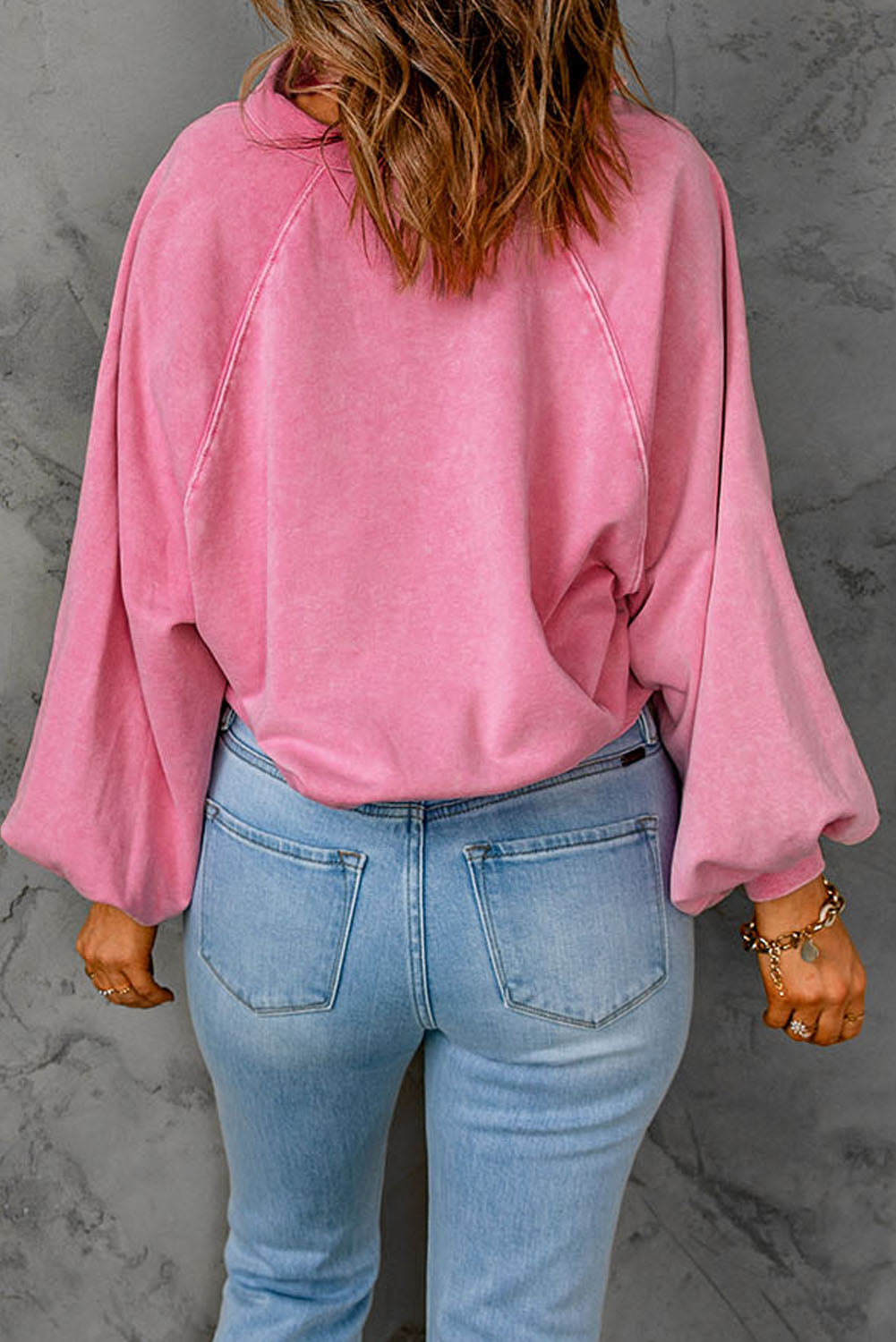 Blue Washed Snap Buttons Lantern Sleeve Pullover Sweatshirt