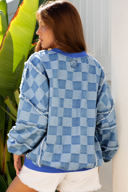 Sky Blue Checkerboard Splicing Raw Detail Oversized Denim Pullover