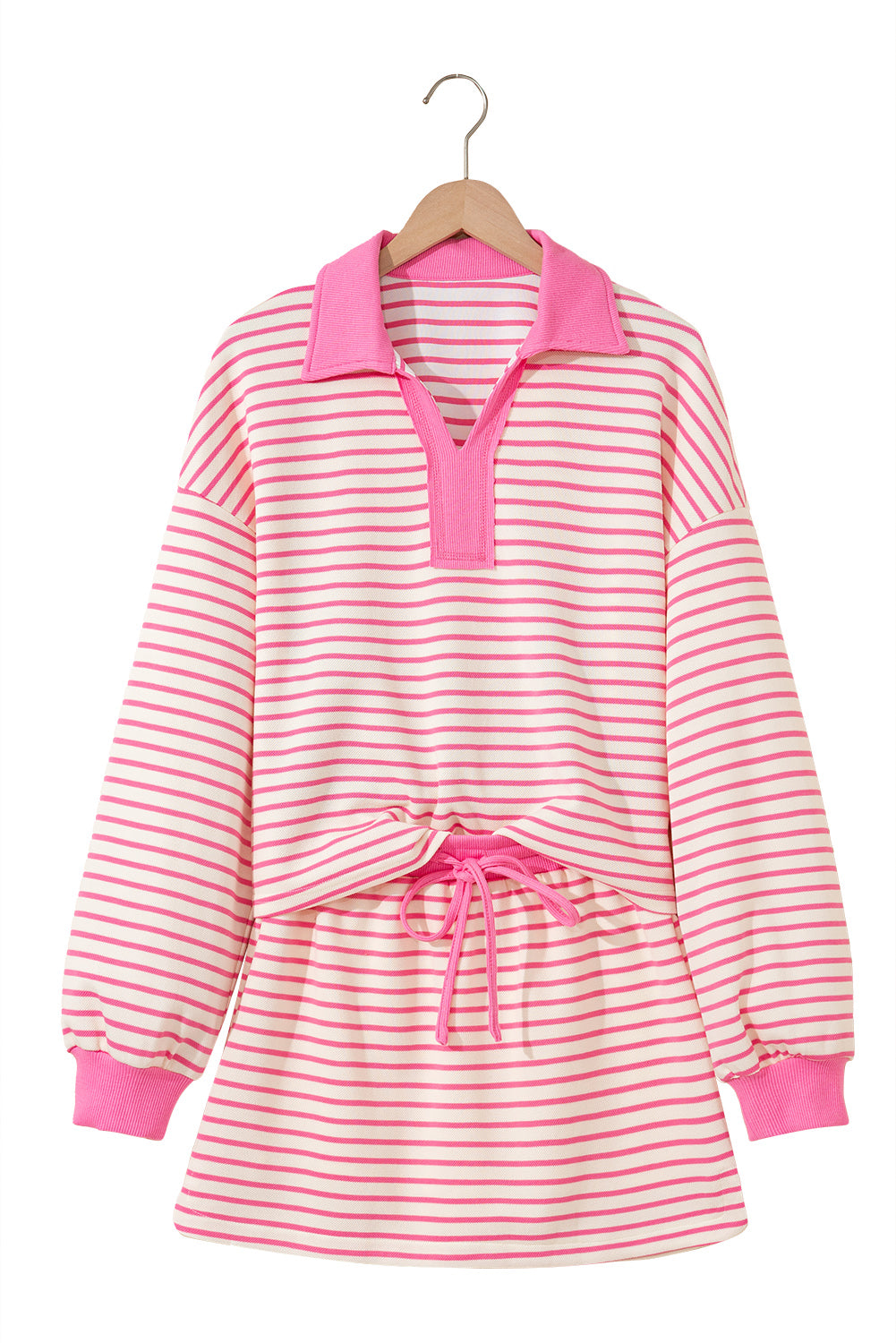 Green Stripe Collared V Neck Drop Shoulder Pullover and Skort 2pcs Outfit