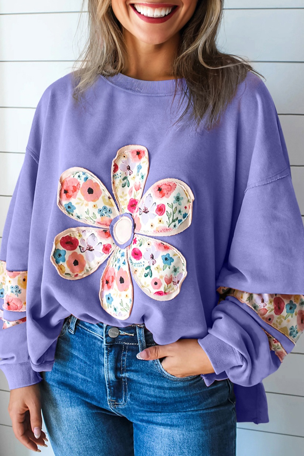 Pale Khaki Floral Applique Baggy Pullover Sweatshirt