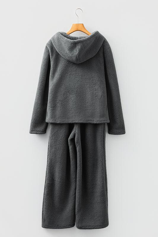 Medium Grey Fuzzy Drawstring Hoodie Lounge Pants 2pcs Set