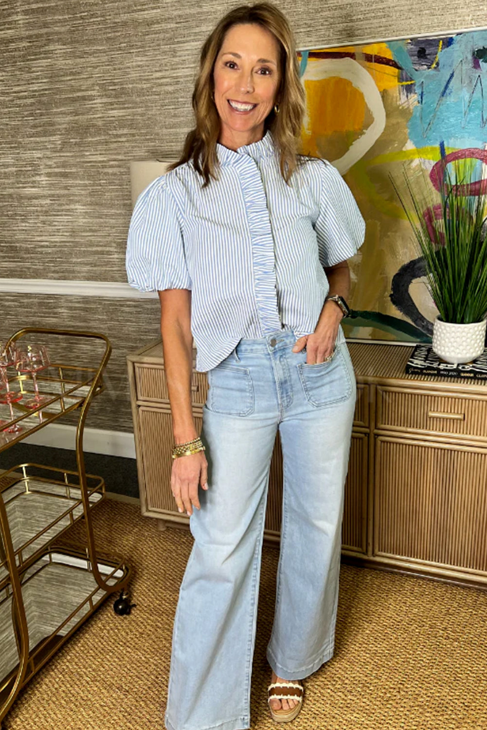 Beau Blue Striped Ruffle Short Bubble Sleeve Shirt