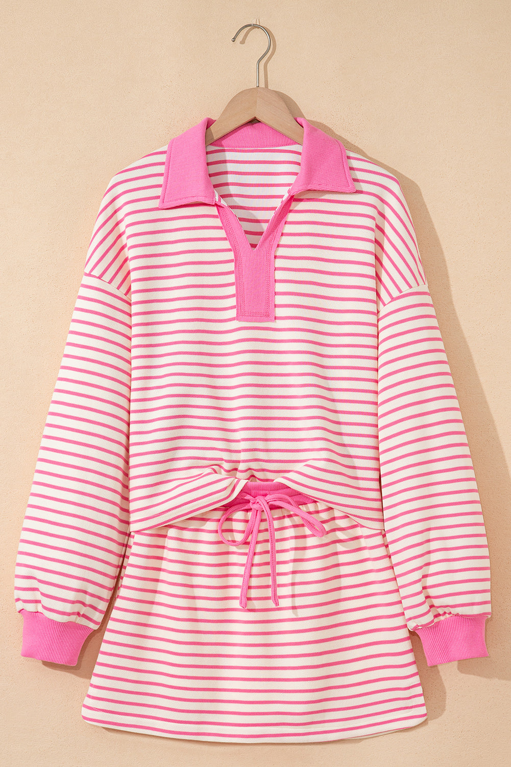 Green Stripe Collared V Neck Drop Shoulder Pullover and Skort 2pcs Outfit