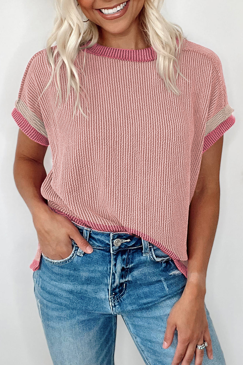Sky Blue Textured Contrast Trim Round Neck T Shirt