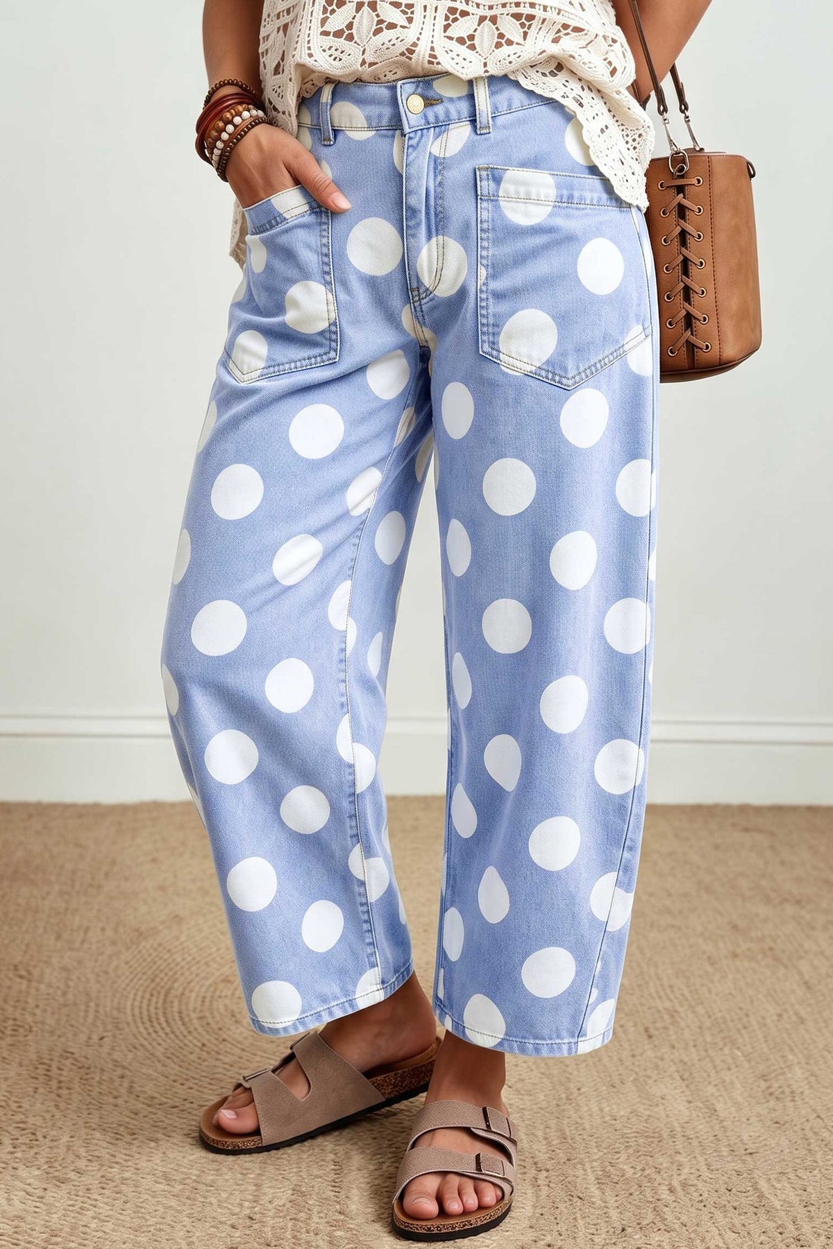 White Polka Dot Ankle-Length Barrel Jeans
