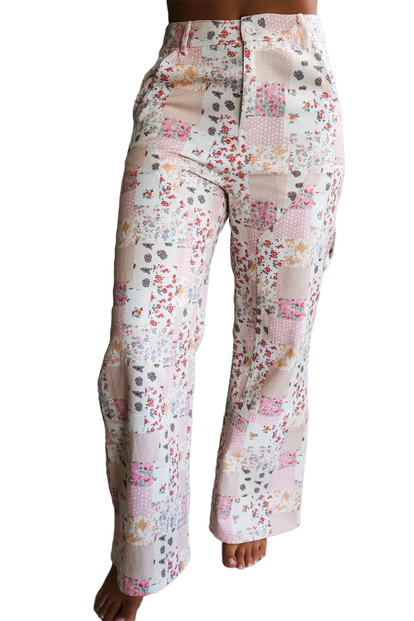 Pink Floral Patchwork Wide Leg Full Length Jeans