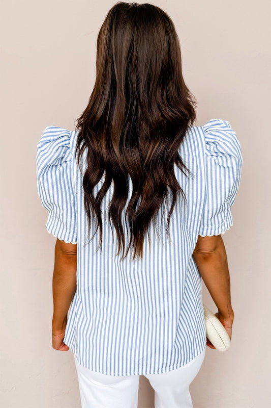 Sky Blue Stripe Ricrac Trim Short Puff Sleeve Leopard Patchwork Collar V Neck Blouse