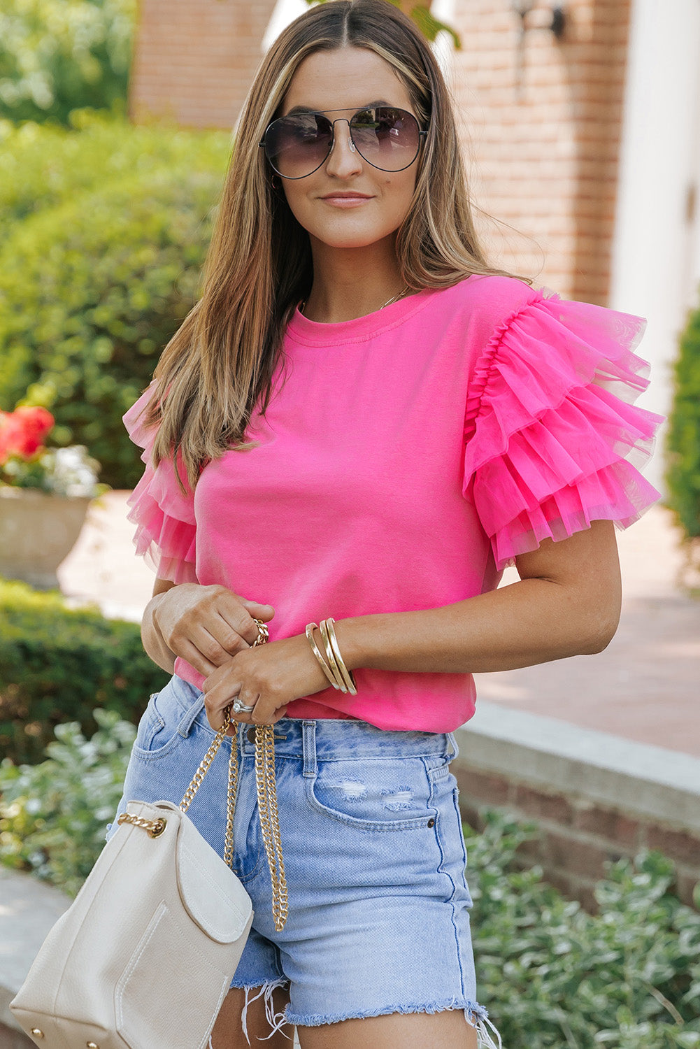 Dark Green Tulle Ruffle Sleeve Blouse
