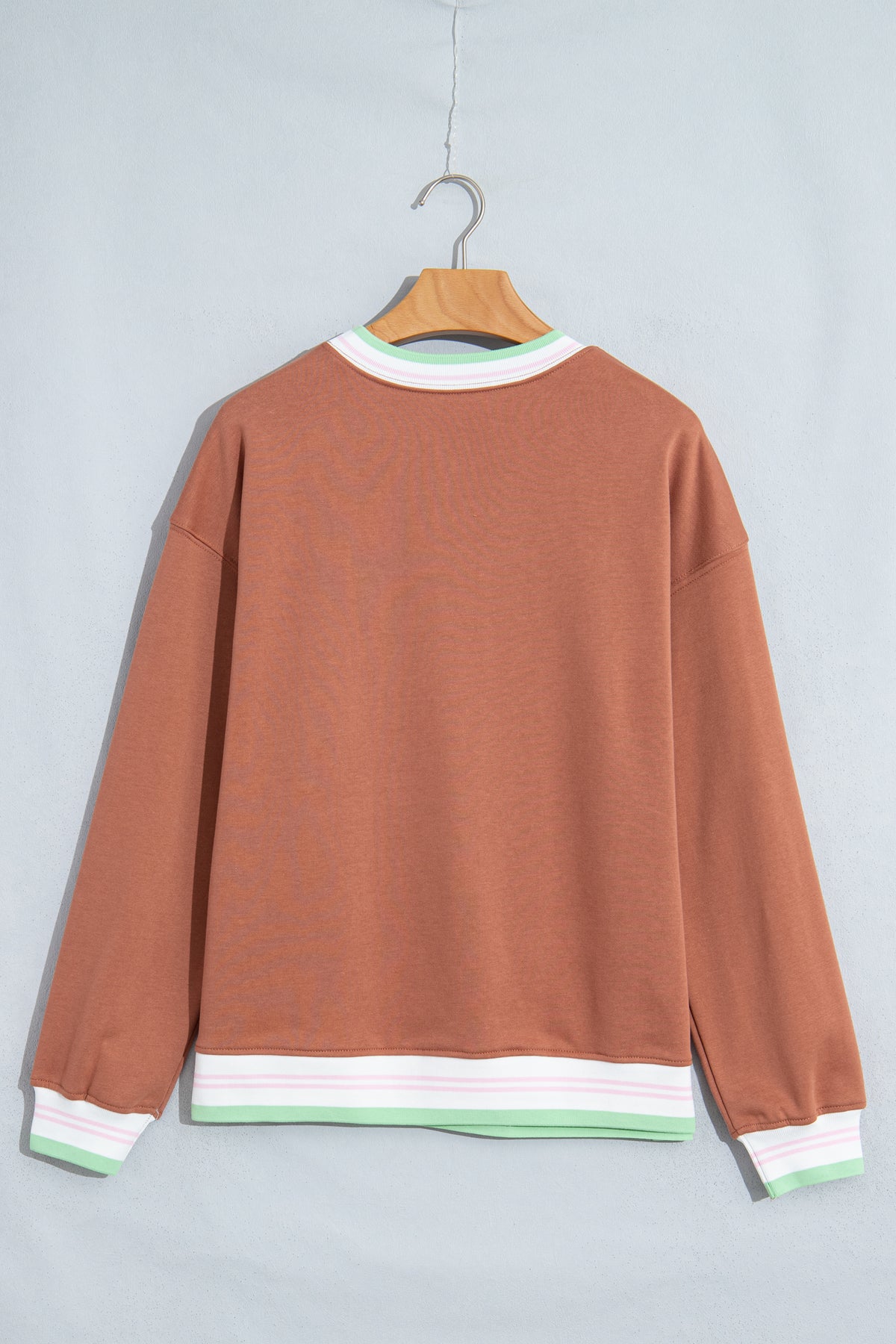 Light Pink Contrast Striped Trim Baggy Pullover Sweatshirt