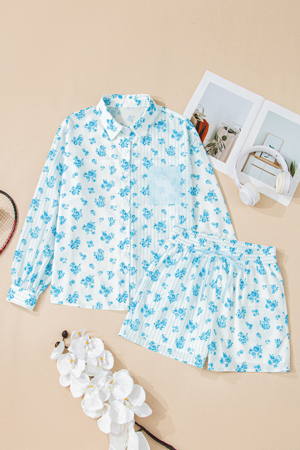 Sky Blue Floral Striped Print Contrast Patched Pocket Shirt and Shorts Set