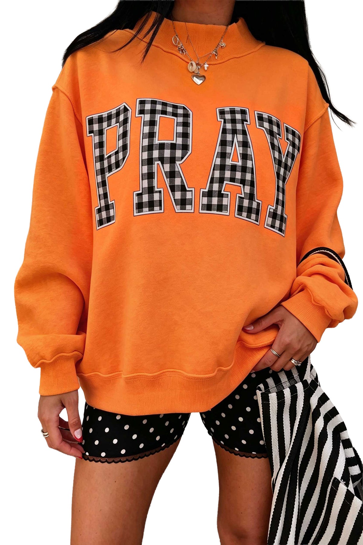 Coffee PRAY Polka Dot Embroidered Mock Neck Sweatshirt