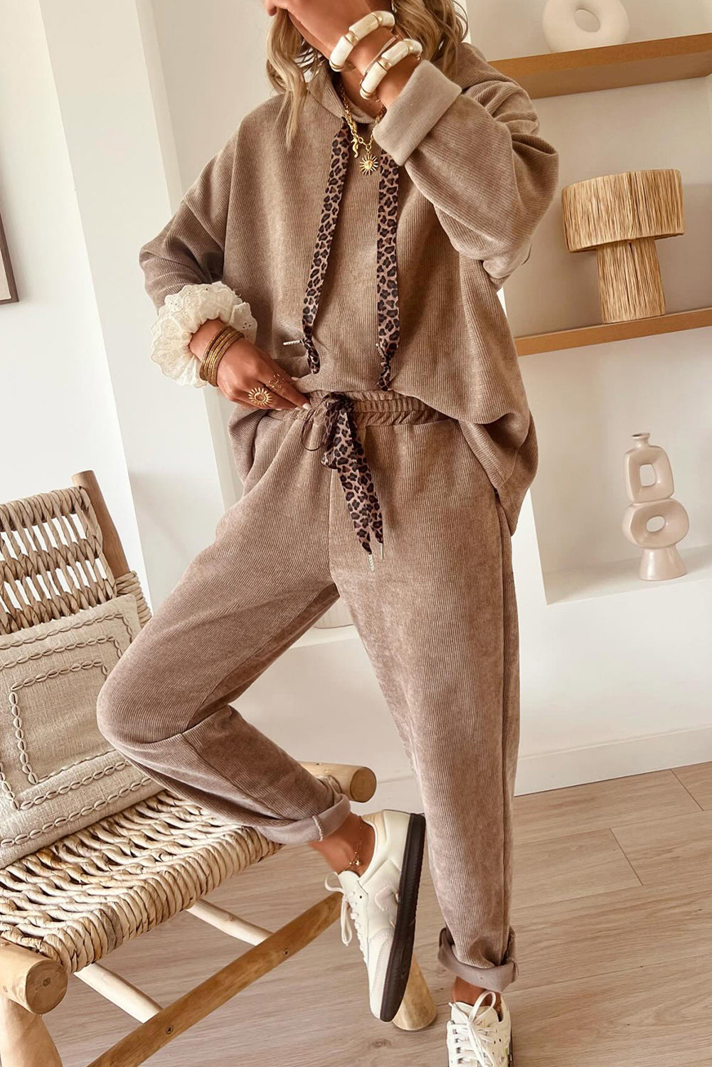 Parchment Leopard Drawstring Pullover Hoodie and High Waist Pants Corduroy Suit