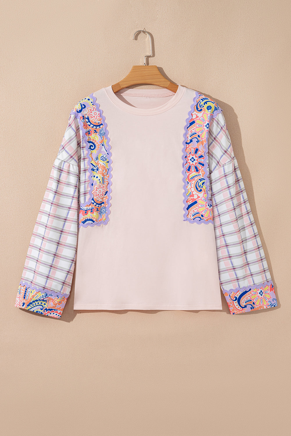 Delicacy Ricrac Trim Floral Plaid Patchwork Puff Sleeve Blouse