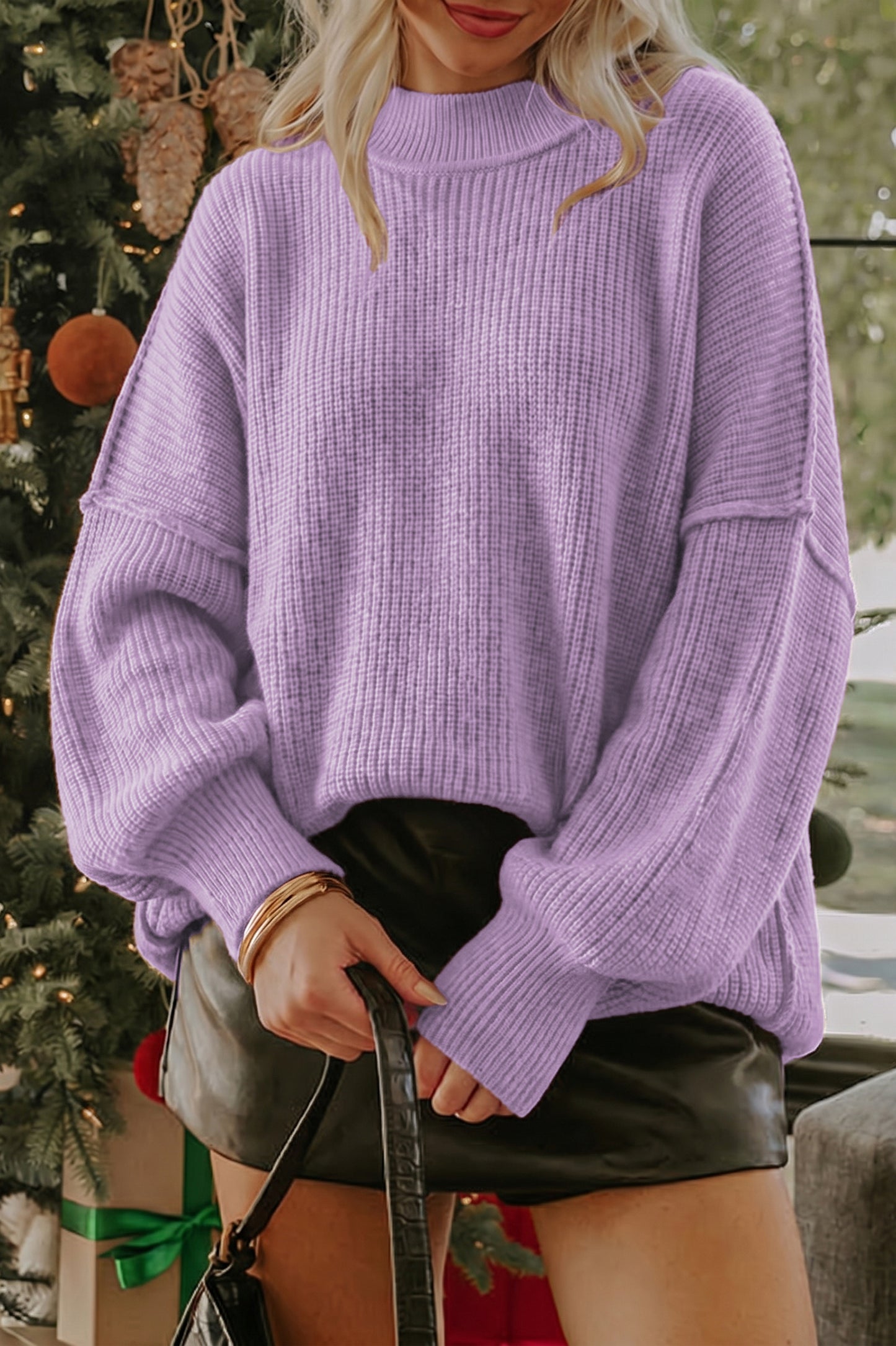 Red Dahlia Long Sleeve Ribbed Knit Stand Neck Regular Fit Sweater