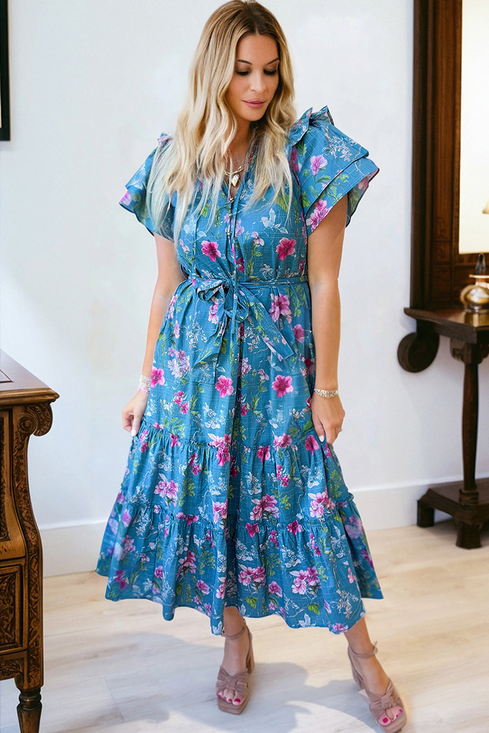 Blue Floral Flutter Sleeve Button Tie Split Neck Belted Long Dress
