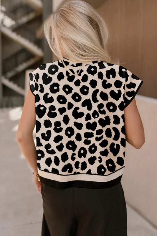 Black Leopard Print High Neck Short Sleeve Sweater