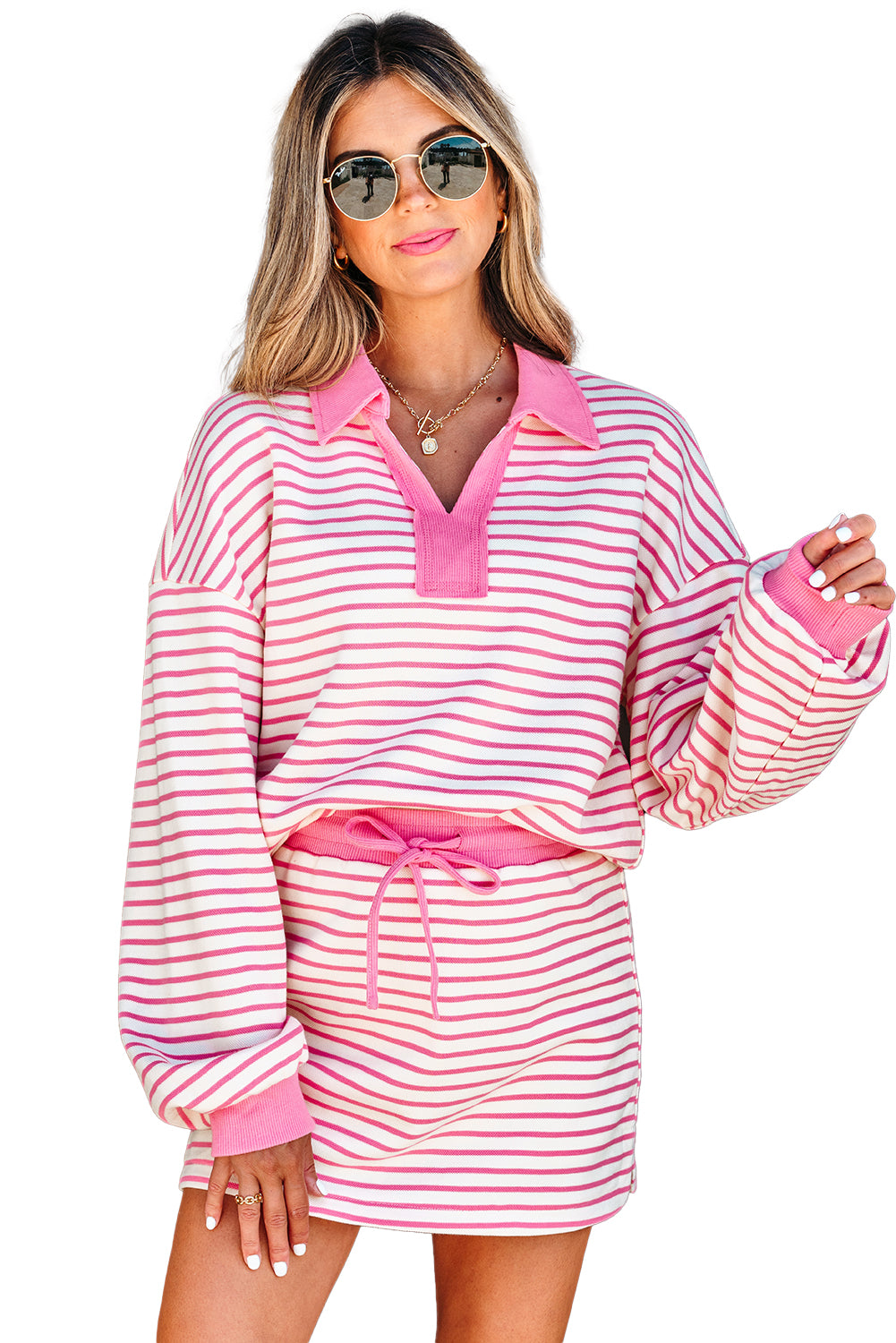 Green Stripe Collared V Neck Drop Shoulder Pullover and Skort 2pcs Outfit