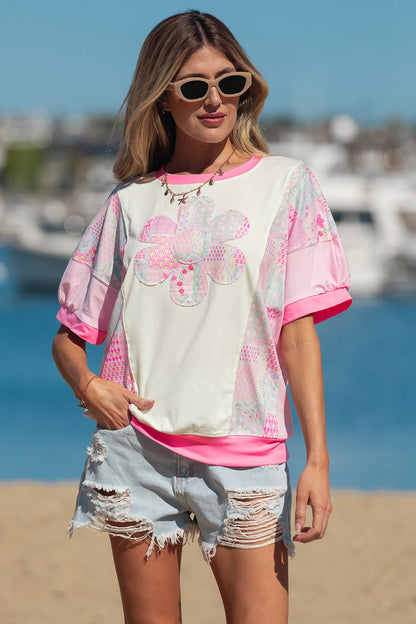 Beige Color Block Floral Patchwork Big Flower Accent Relaxed Top
