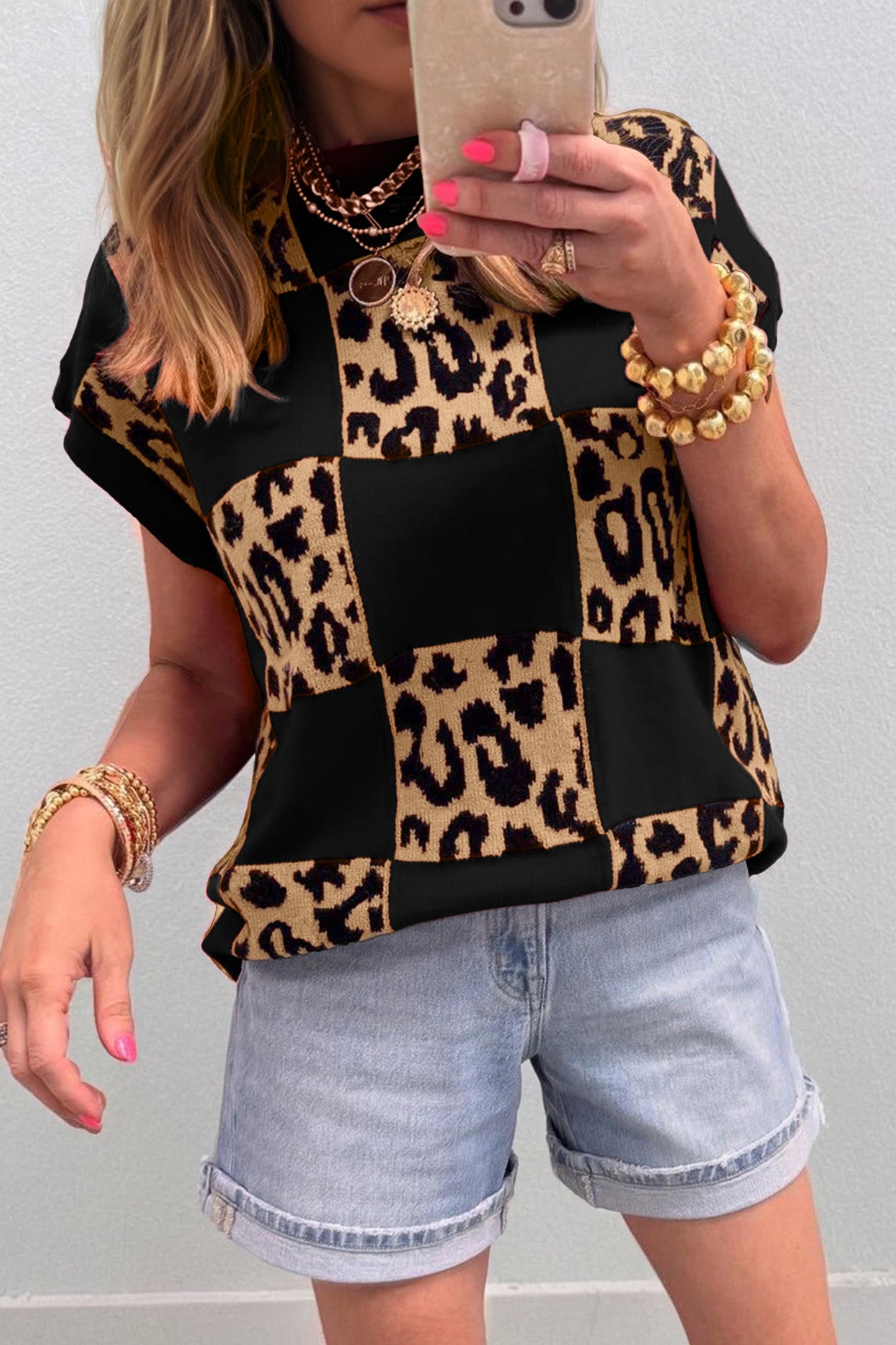 Rose Red Leopard Checkerboard Short Sleeve Knit Sweater