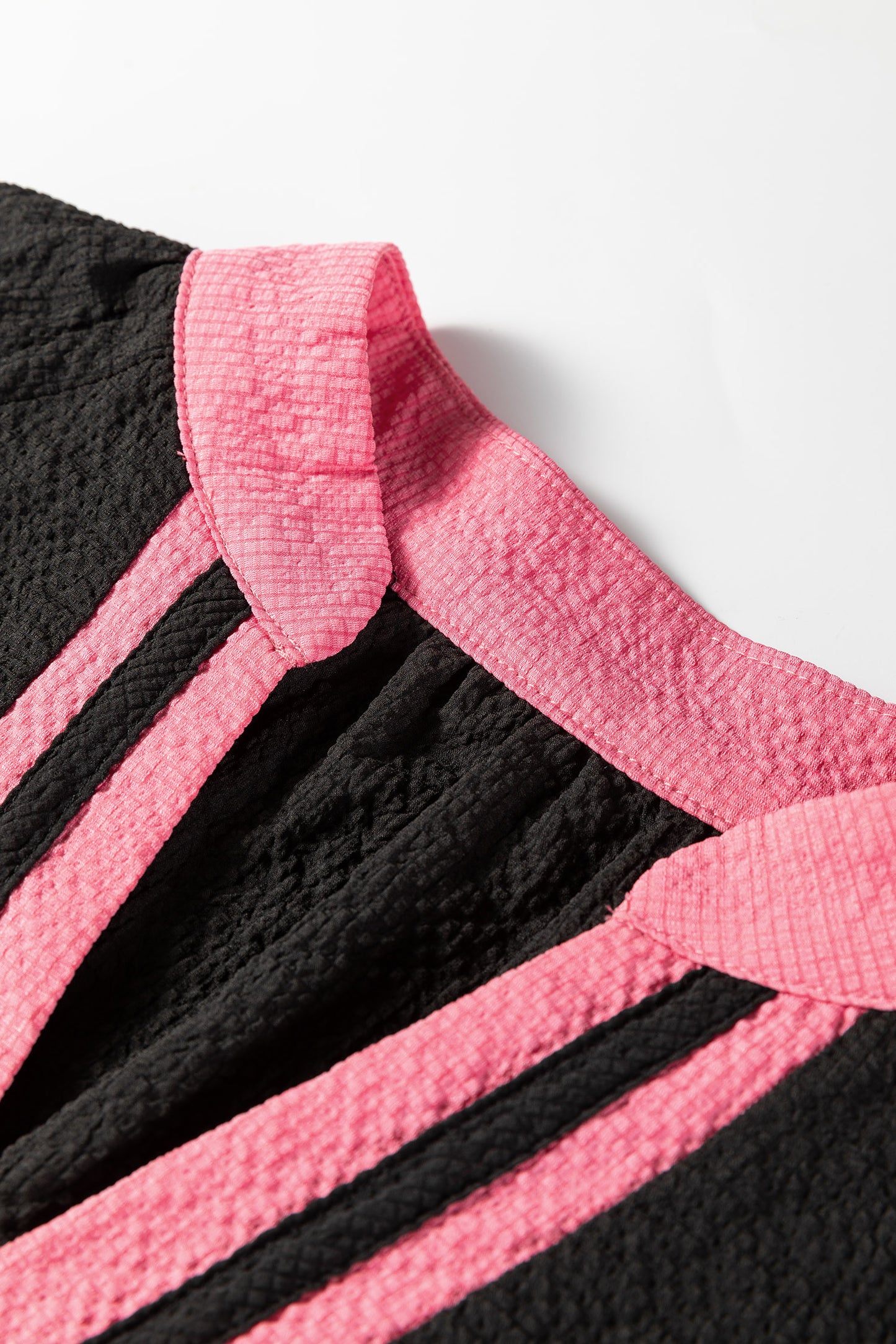 Black Color Block Patchwork Detail V Neck Textured Long Sleeve Blouse