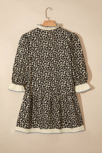 Black Leopard Print Striped Color Block Trim V Neck Bracelet Sleeve Mini Dress