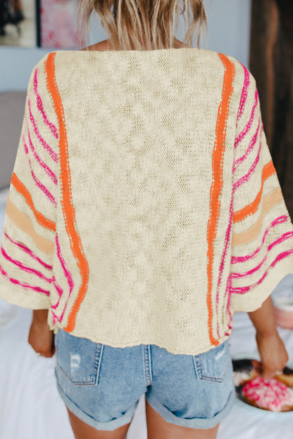 Rose Striped Detail Wide Sleeve Lightweight Knitted Sweater