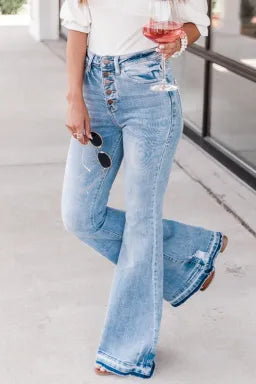 Sky Blue Button Front Distressed Flares