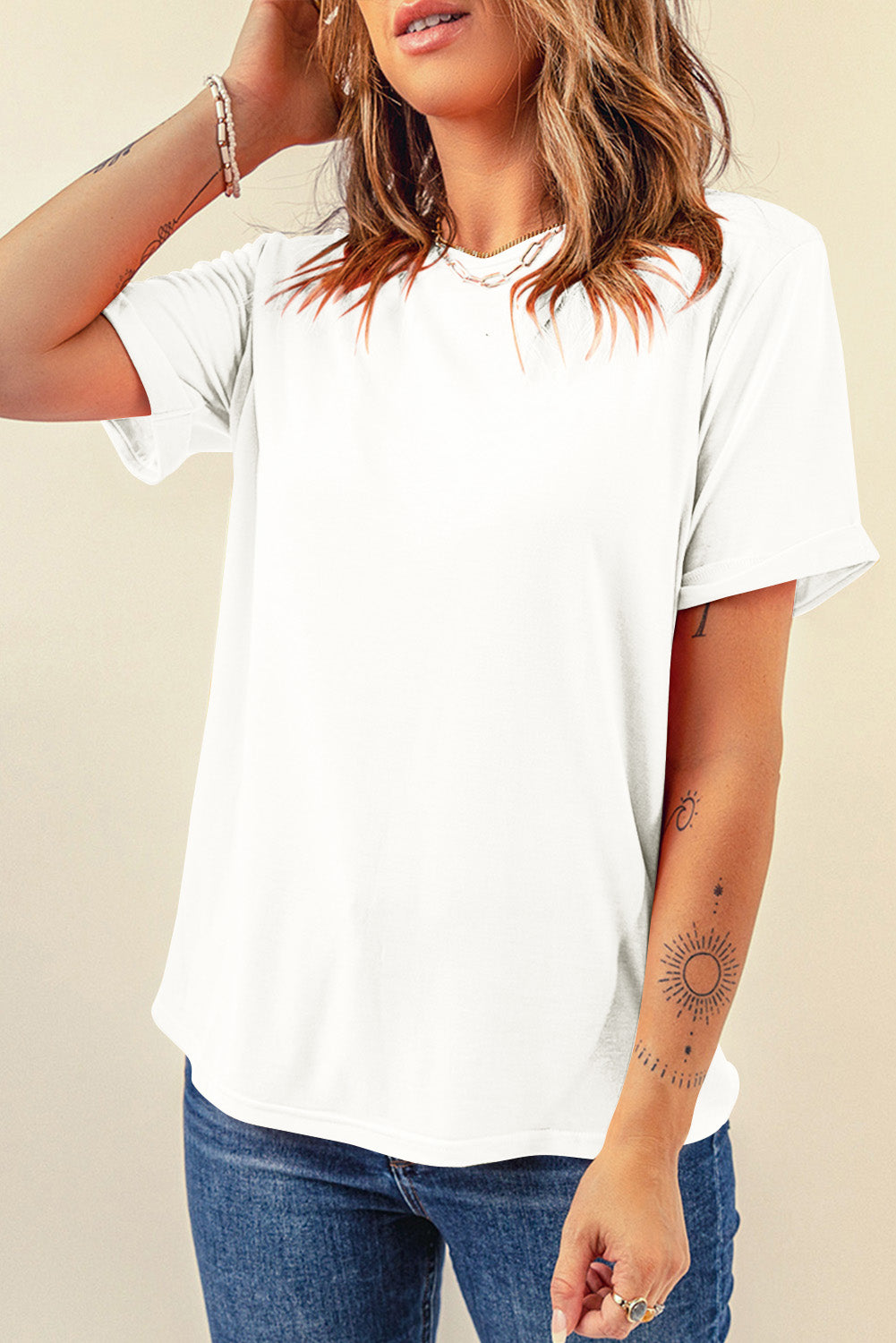 Yellow Cream Casual Plain Crew Neck Tee