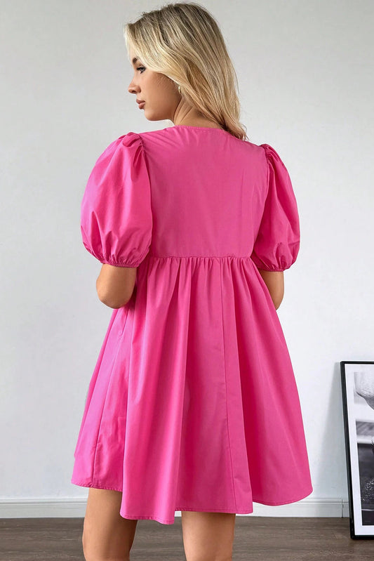 Bright Pink Solid Color Puff Sleeve Tie Front High Waist Mini Dress