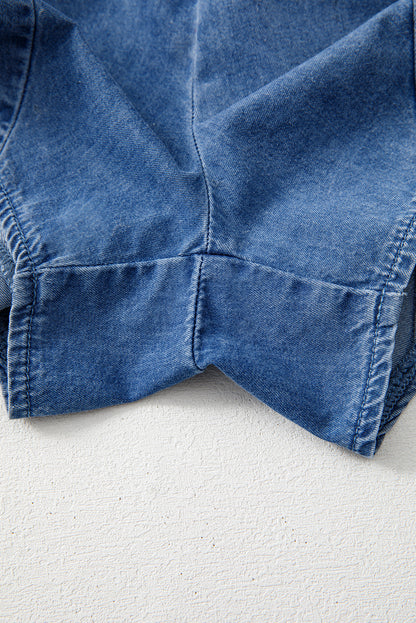 Ashleigh Blue Spaghetti Straps V Neck Belted Ruffled Leg Chambray Romper