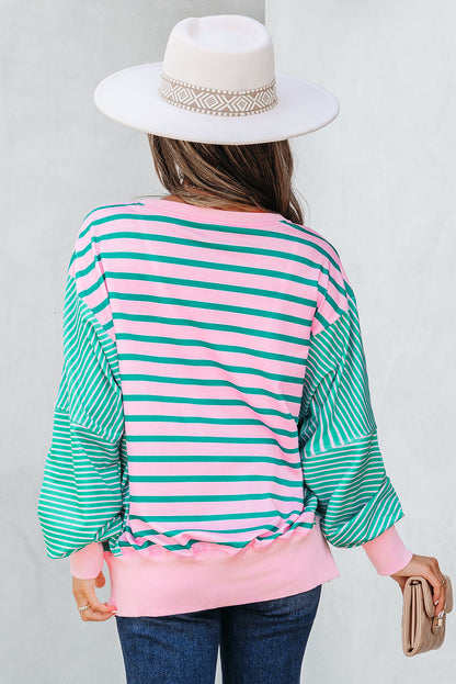 Green Stripe Mix Pattern Color Block Patchwork Side Slit Baggy Sweatshirt