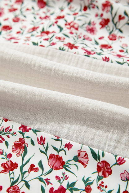 Red Floral Print Gauze Patchwork Henley Button 3/4 Sleeve Blouse